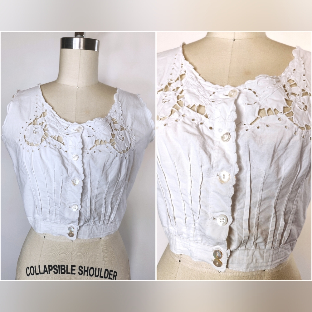 Early 1900s Eyelet & Embroidered Sheer White Crop Top Button Down XXS - XS